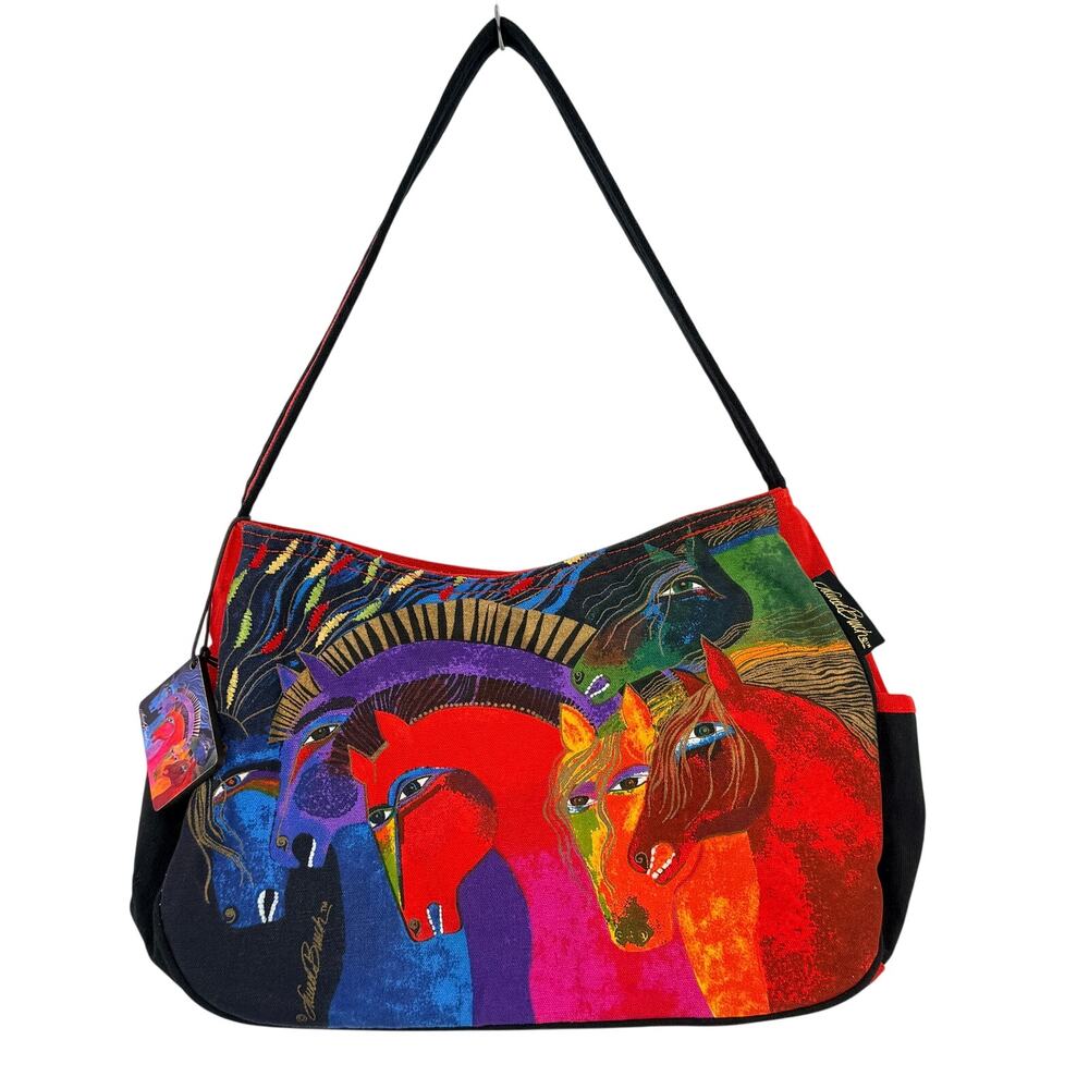 Laurel Burch Wild Horses of Fire Medium Hobo Canvas Shoulder Bag Red 14X9X4